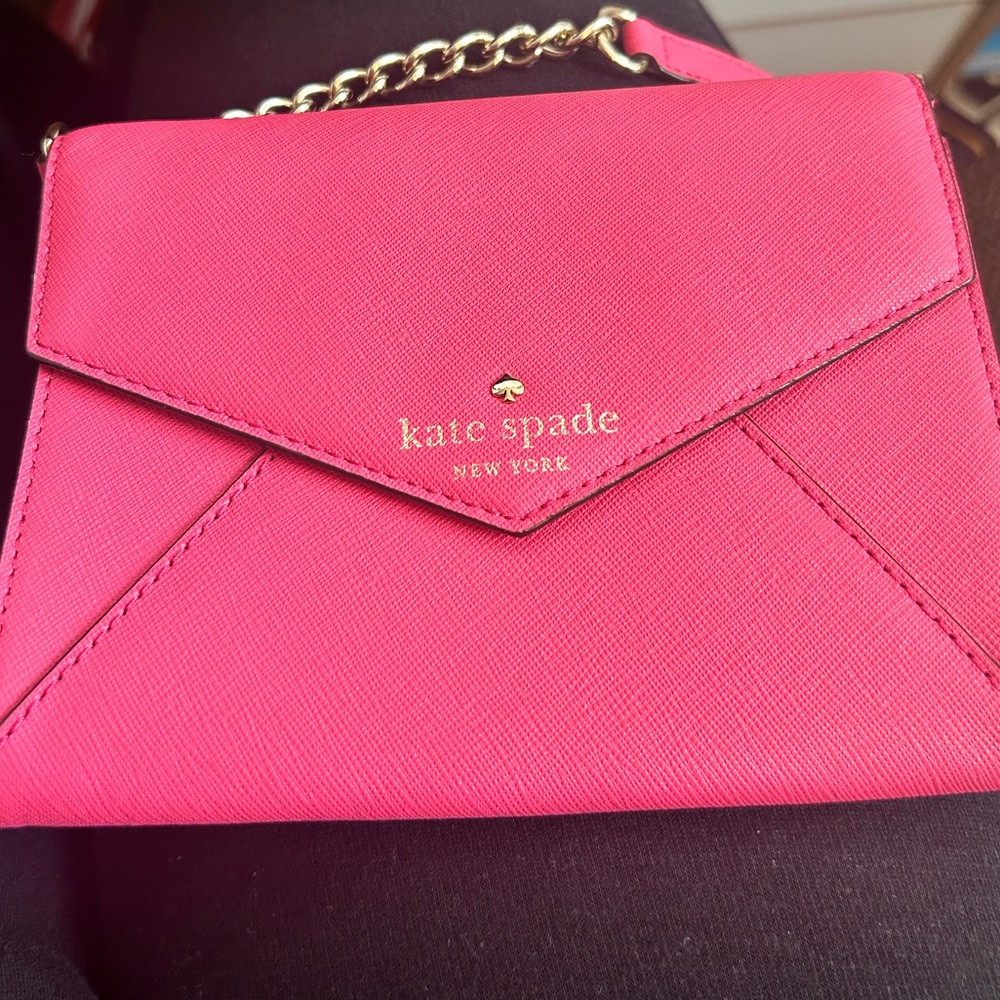 Kate Spade Pink Crossbody Envelope Purse with polka dot pattern inside